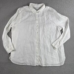 J Jill Love Linen Top Womens L PETITE White Button Up Long Sleeve Coastal Resort